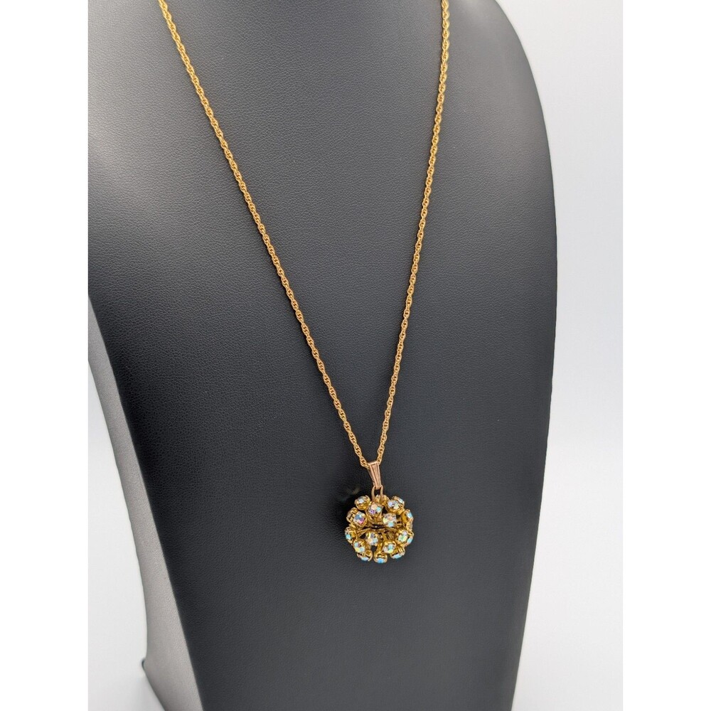 Vintage Gold Tone Link AB Aurora Borealis Crystal Bead Ball Pendant Necklace - Picture 2 of 10